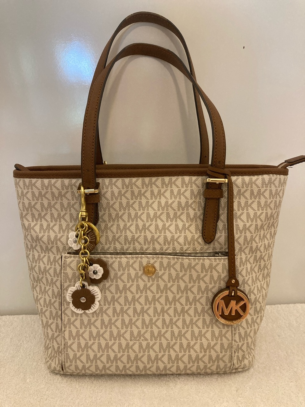 Michael Kors Beige Brown Canvas & Leather Shoulder Tote Bag MK & Flowers Charms
